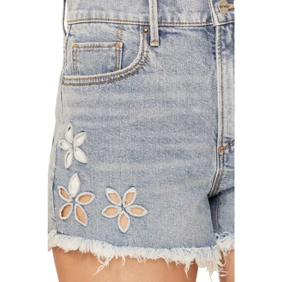 DRIFTWOOD GOLDIE LIGHT WASH HIGH RISE FLORAL CUT OUT DENIM SHORTS 32